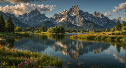 Fototapeta premium Very beautiful mountain lake in the green mountains