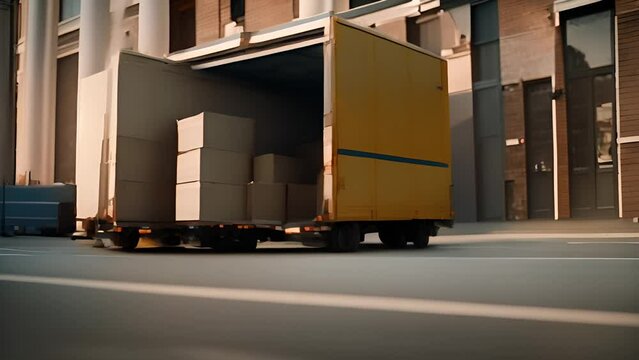 Yellow Moving Truck With Boxes Parked Outside Building Generative AI