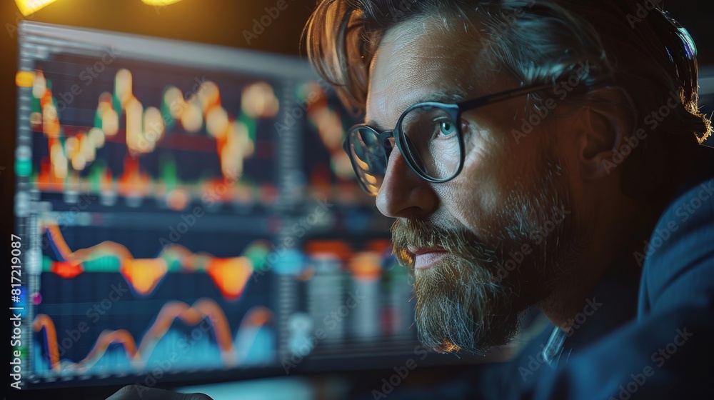 Poster a trade market data check is carried out using a mobile phone and laptop by an investor. an investor