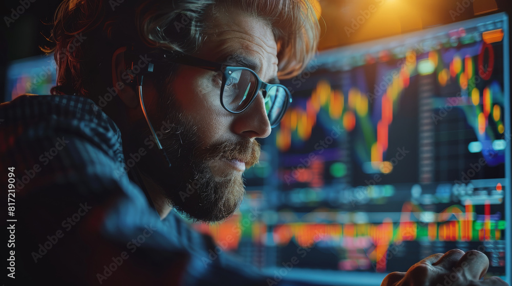 Poster a trade market data check is carried out using a mobile phone and laptop by an investor. an investor