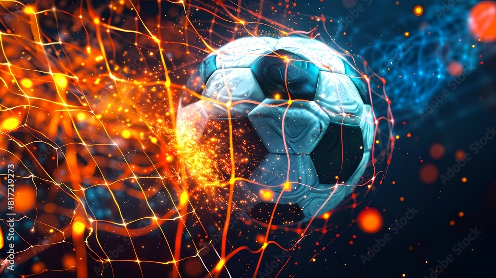 Poster digital soccer ball in a dynamic network of energy lines on dark background, ideal for modern sports