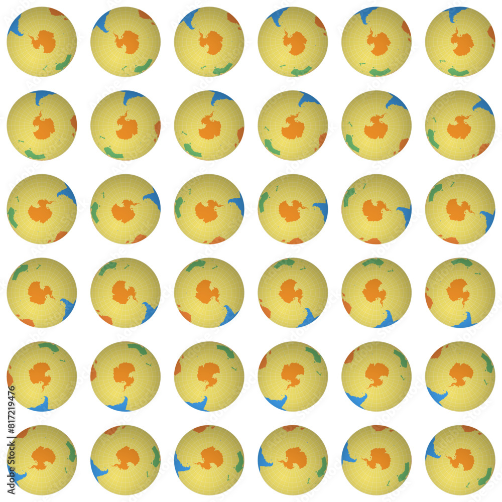 Aufkleber collection of globes. south pole sphere view. rotation step 10 degrees. colored continents style. wo