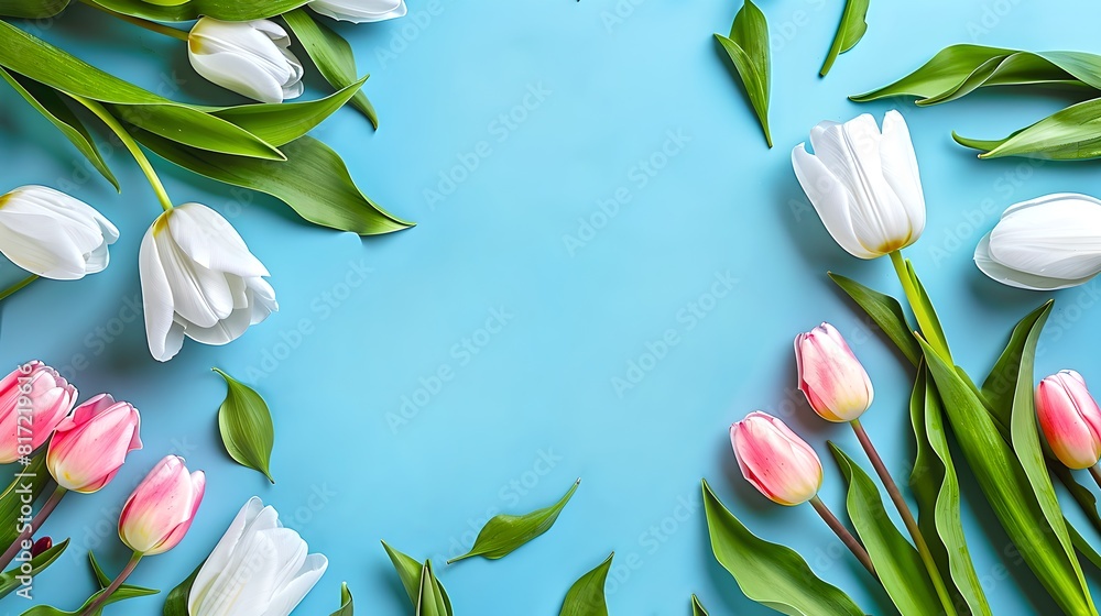 Sticker Vibrant Tulips on Blue Backdrop, Perfect for Spring Themes, Invitations and Backgrounds. Fresh Floral Arrangement with Copy Space. AI