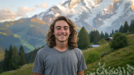 Naklejka premium A smiling young man, long-haired in a grey tee, stands against the stunning backdrop