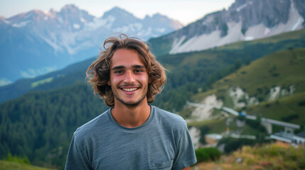 A smiling young man, long-haired in a grey tee, stands against the stunning backdrop
