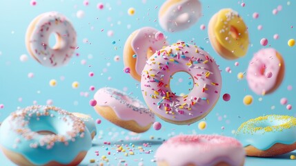 Imagine pastel donuts adorned with frosting swirling gracefully in motion against a soft baby blue backdrop while vibrant sprinkles cascade down This playful square 3D illustration exudes cr