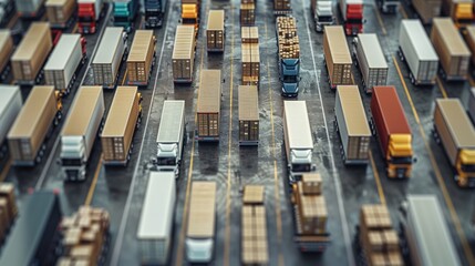 A distribution center is filled with orderly rows of trucks ready to be dispatched nationwide with packages and parcels. Generative AI.