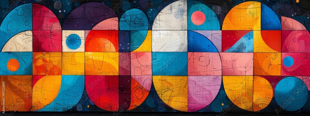 Poster a colorful abstract composition with bold shapes, vibrant hues, and dynamic patterns.
