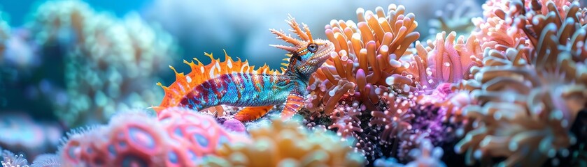 a mythical sea dragon hidden among colorful coral, highresolution for a fantasy documentary