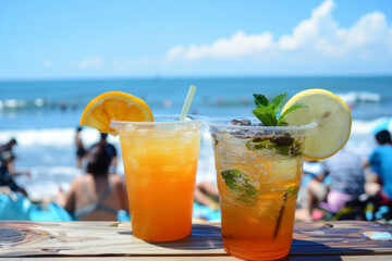 Fototapeta premium Cold lemonade and iced tea on a table overlooking a crowded beach. AI generated.