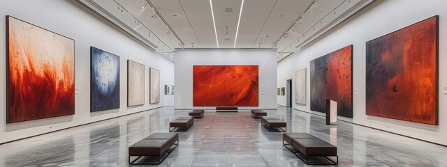 A contemporary art gallery with bold artworks, clean lines, and a minimalist design.