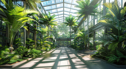 Interior large modern green house with angled glass roof with trees and palms and jungle inside inside. Generative AI. - Powered by Adobe