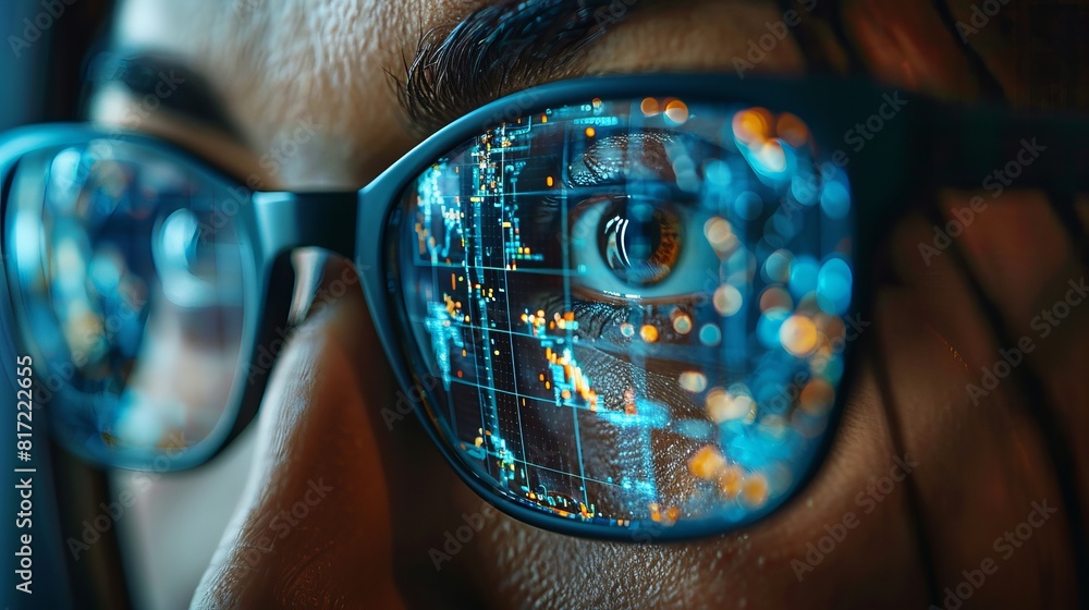 Poster integration of technology in business, focusing on surveillance, security scanning, and digital prog