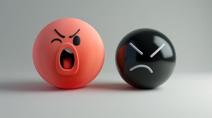A photorealistic 3D  of a pastel red yawn emoji next to a obsidian intrigued emoji, both on a solid light grey background, contrasting boredom and curiosity.
