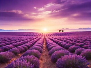 Lavender field bathed in sunset's soothing backlight ambiance. - Powered by Adobe