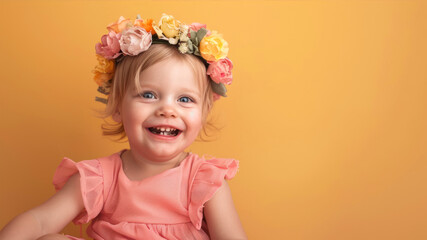 Fototapeta premium Portrait of a little girl in a wreath of flowers on a yellow background