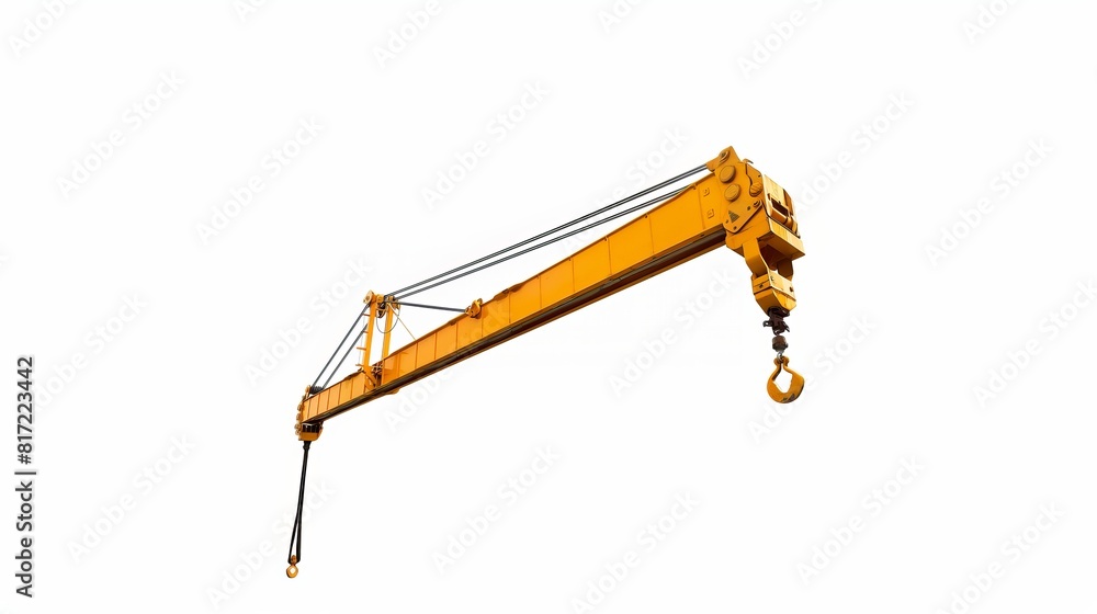 Poster Isolated illustration of a yellow crane boom with hooks, presented on a white background with clipping paths.