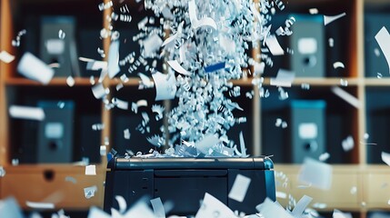 Shredded paper falling into a bin as a powerful shredder does its job.