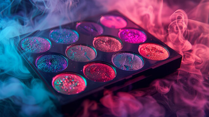 Colorful makeup palette surrounded by smoky, vibrant hues.