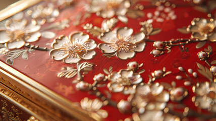Close-up of floral design with cherry blossoms and gold accents on a red background