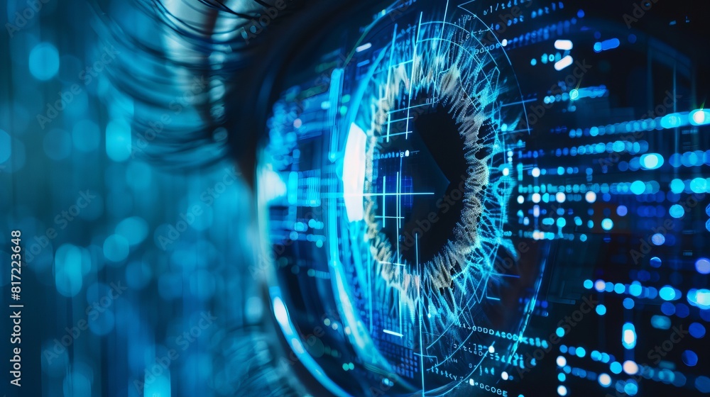 Poster integration of technology in business, focusing on surveillance, security scanning, and digital prog