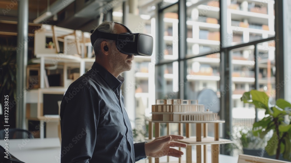 Aufkleber engineer with virtual reality headset interacting with 3d building model in modern office environmen