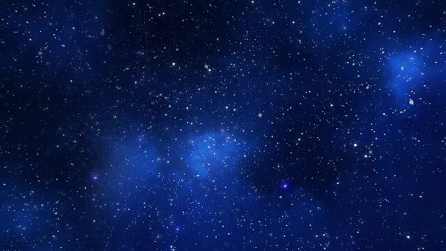 Seamless looped repetitive flight animation through deep space. Blue starry night sky against the backdrop of cosmic space. Traveling through the Milky Way to distant galaxies and constellations. 4k.