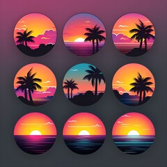 Beach sunset illustration with vibrant gradient sky. Vector ocean sunset scenery. Colorful tropical beach.