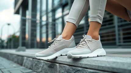 Woman in beige athleisure outfit matching sneakers sitting on concrete step outdoors
