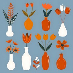 Set of Flowers in Vase Collection, Vector Illustration. Set of flower vase with doodle lines. Pottery illustration of antique objects.