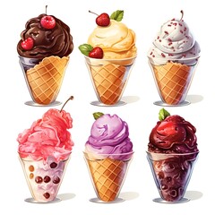 Set of colorful tasty isolated ice cream. Colorful ice cream set.Tasty summer dessert.Ice-cream scoop and waffle cone with different toppings.