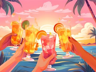 Hands of multiracial people clink glasses with different drinks. Chin-chin, toast with cocktails with ice cubes, mint leaves, lemon slices, straw.