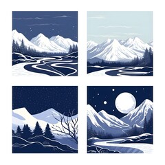Vector hand drawn illustration. Abstract flat minimalist design landscape set. Winter cold snowy season. Japanese line pattern. Vintage nature graphic. Day, night scene. Clear sky. Mountains, forest
