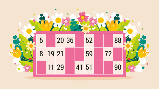 Illustration pour annoncer l'organisation d'un jeu de loto pour la f&ecirc;te des m&egrave;res, carton de tombola d&eacute;cor&eacute; d'un bouquet de fleurs des champs, dessin original et color&eacute; pour affiche de jeu de chance