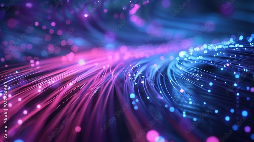 Poster abstract futuristic background with blue and purple light rays, fiber optic cables glowing in the da