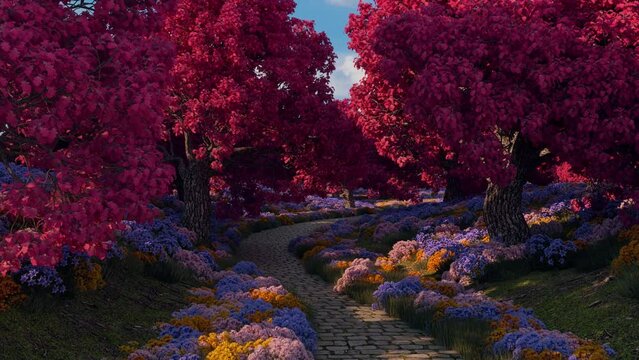 Tour inside a Spring Garden with Flowers and Trees - Scene Intro Logo Landscape Background