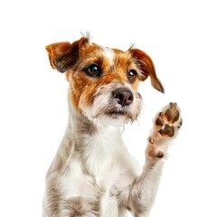 Playful Jack Russell Terrier Waving Paw Against White Background. Perfect for Pet Lovers. Clear and Bright Style. Friendly Dog Portrait. AI