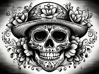 a drawing of a Mexican skull head in black and white Tattoo idea for Mexico day of the dead and tradition