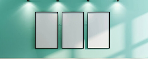 Luxury spa retreat with three empty posters in tranquil black frames, spotlighted against a light turquoise wall, suitable for spa packages or wellness events.