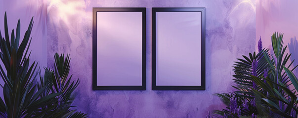 Luxury spa with two blank posters in tranquil black frames, spotlighted on a lavender wall, ideal...