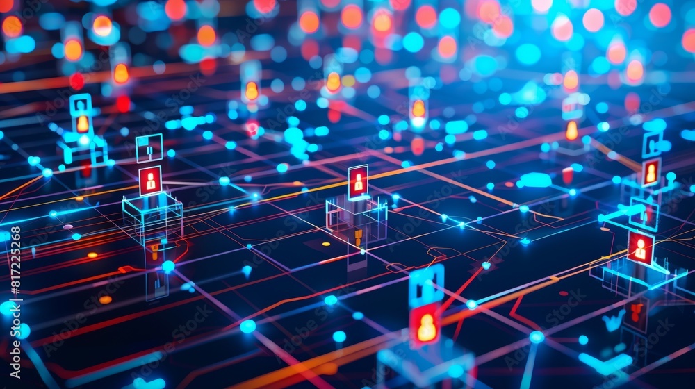 Poster cybersecurity visualization with nodes and lines for digital defense.