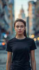 Athletic Woman Black T-Shirt Mockup in Urban Setting