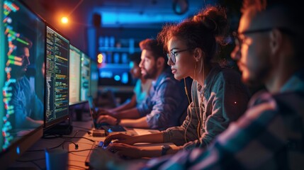 Intense Focus of Software Developers Working Late Night in a Tech Office with Multiple Glowing Screens