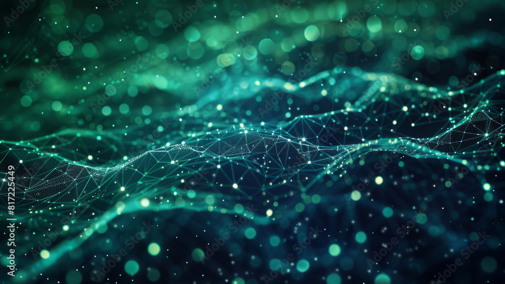 Poster abstract digital network waves with glowing connections illustrating dynamic data flow and technolog