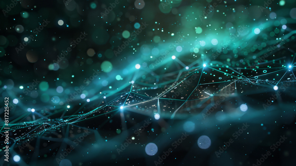 Poster abstract digital network with glowing connections in dark background illustrating data flow and tech
