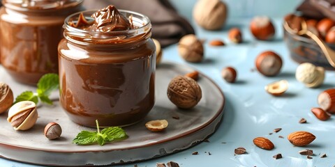 Chocolate nut spread in jar on light blue background popular breakfast treat. Concept Food Photography, Breakfast Options, Sweet Treats, Colorful Backgrounds