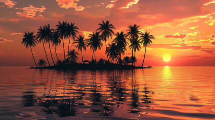 A serene island sunset, palm trees casting orange reflections on still waters