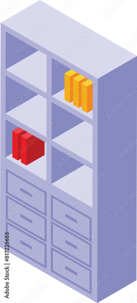 Aufkleber vector illustration of an isometric bookshelf with red and yellow books and empty shelves