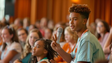 Youth Leadership Conference: Teenager Confidently Addressing Peers with Microphone