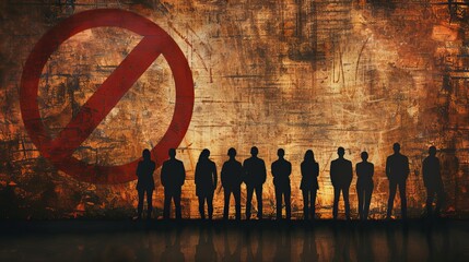 People depicted standing in front of a forbidden symbol against a brown background.